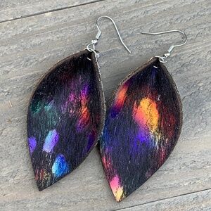Black Rainbow Acid Wash Hair On Leather Earrings.  NEW
